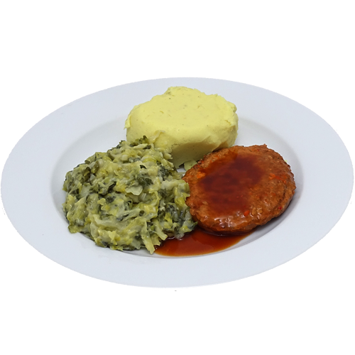 Stroganoffburger met vleesjus, savooiekool a la crème en aardappelpuree